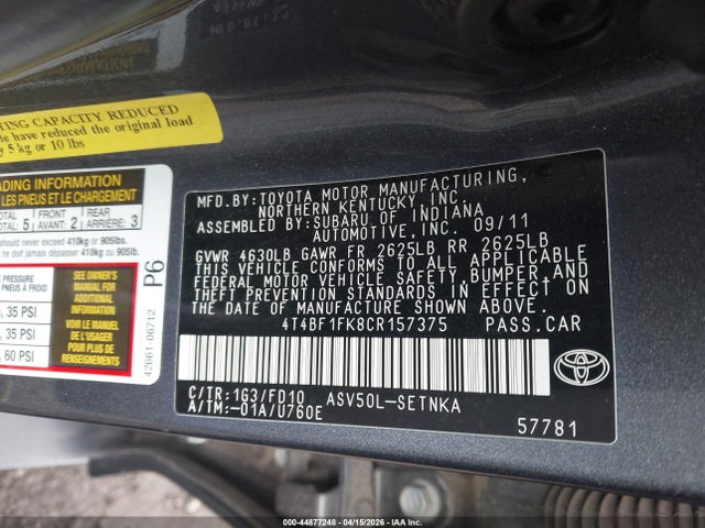 44877248 :رقم المزاد ، 4T4BF1FK8CR157375 vin ، 2012 Toyota Camry Le مزاد بيع