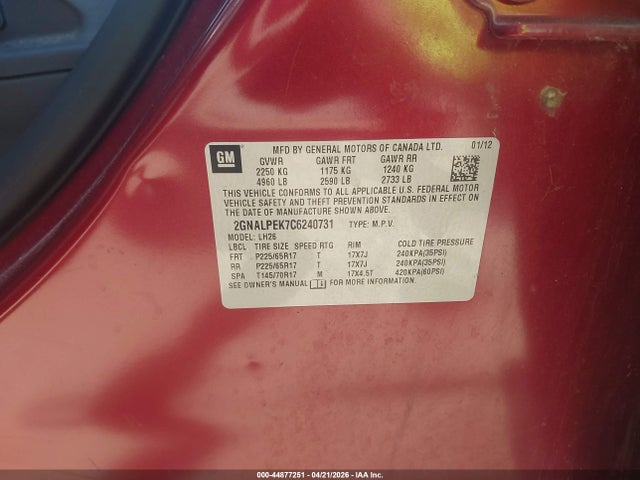 44877251 :رقم المزاد ، 2GNALPEK7C6240731 vin ، 2012 Chevrolet Equinox 2lt مزاد بيع