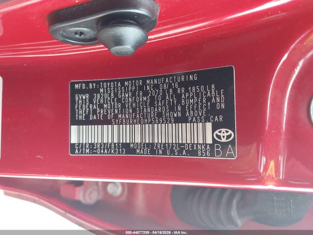 Продажа на аукционе авто 2017 Toyota Corolla Le, vin: 5YFBURHE0HP569529, номер лота: 44877259