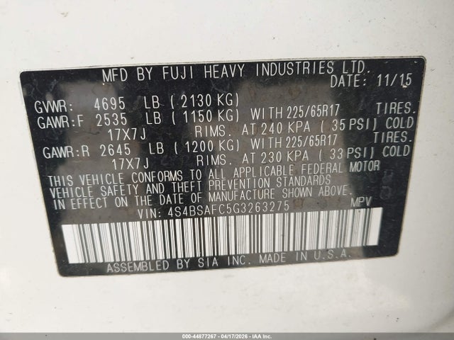 Продаж на аукціоні авто 2016 Subaru Outback 2.5i Premium, vin: 4S4BSAFC5G3263275, номер лоту: 44877267