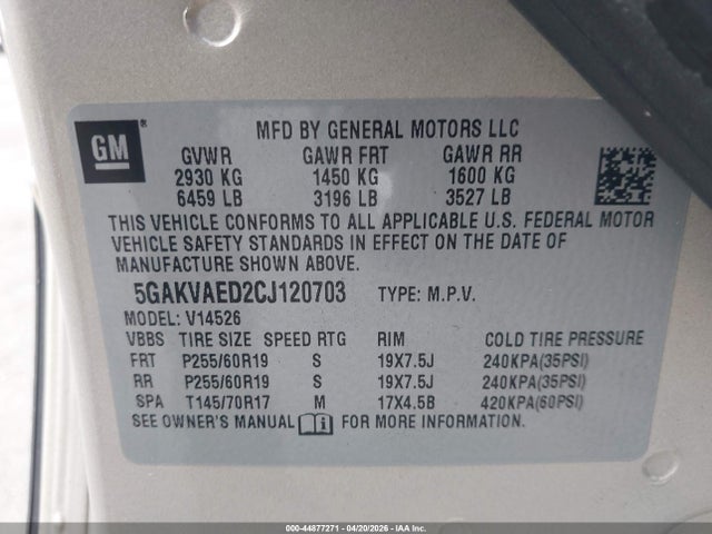 2012 Buick Enclave მანქანა იყიდება აუქციონზე, vin: 5GAKVAED2CJ120703, აუქციონის ნომერი: 44877271