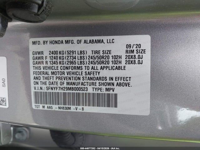 44877282 :رقم المزاد ، 5FNYF7H29MB000523 vin ، 2021 Honda Passport 2wd Sport مزاد بيع