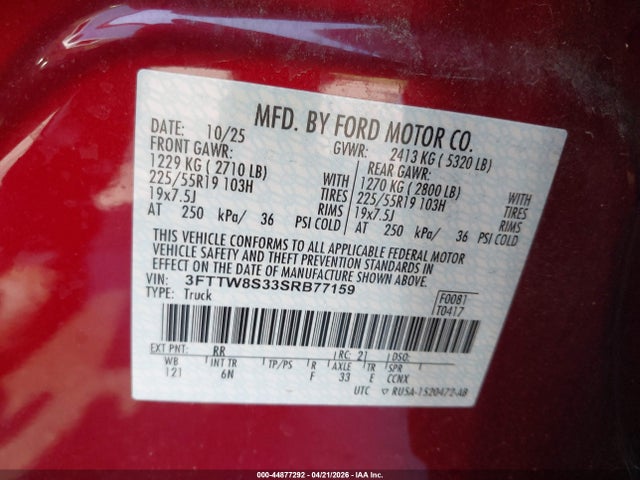 44877292 :رقم المزاد ، 3FTTW8S33SRB77159 vin ، 2025 Ford Maverick Lariat مزاد بيع