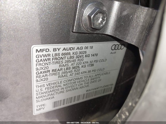 2018 Audi Q7 3.0t Premium მანქანა იყიდება აუქციონზე, vin: WA1VAAF77JD052789, აუქციონის ნომერი: 44877295