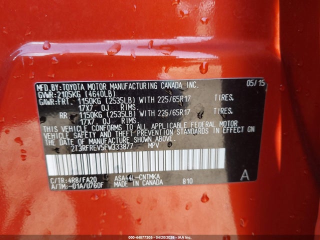 Продаж на аукціоні авто 2015 Toyota Rav4 Xle, vin: 2T3RFREV5FW333877, номер лоту: 44877305