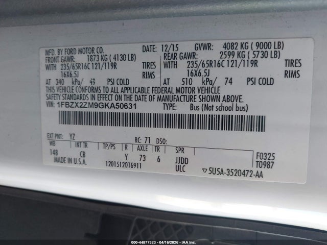 Продажа на аукционе авто 2016 Ford Transit-350 Xlt, vin: 1FBZX2ZM9GKA50631, номер лота: 44877323