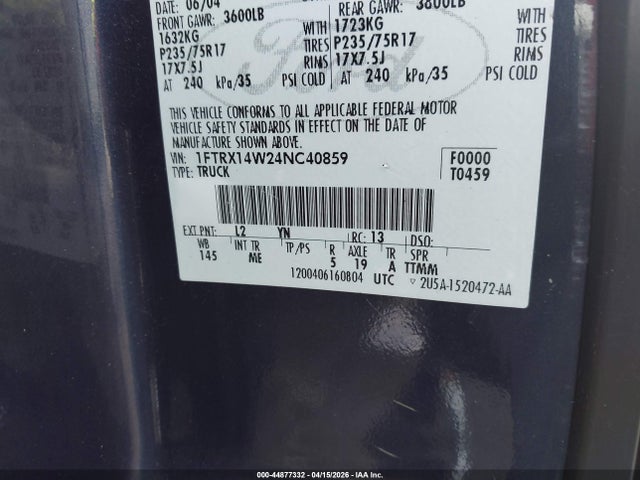 Auction sale of the 2004 Ford F-150 Stx/xl/xlt, vin: 1FTRX14W24NC40859, lot number: 44877332