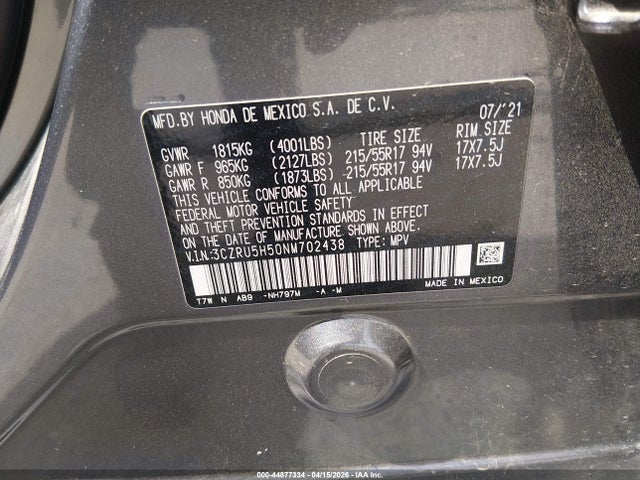 Продажа на аукционе авто 2022 Honda Hr-v 2wd Ex, vin: 3CZRU5H50NM702438, номер лота: 44877334