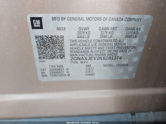 2019 Chevrolet Equinox Lt მანქანა იყიდება აუქციონზე, vin: 2GNAXJEV2K6281374, აუქციონის ნომერი: 44877338