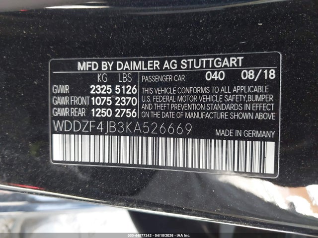 44877342 :رقم المزاد ، WDDZF4JB3KA526669 vin ، 2019 Mercedes-benz E 300 مزاد بيع