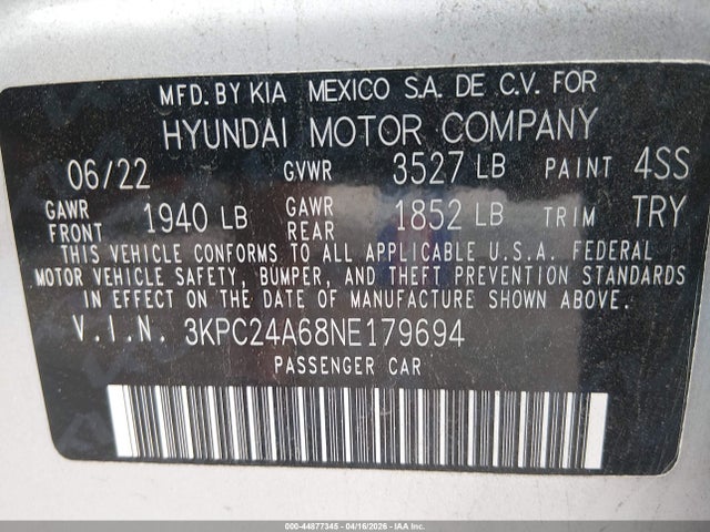 Hyundai ACCENT SE 2022 3KPC24A68NE179694 Image 9