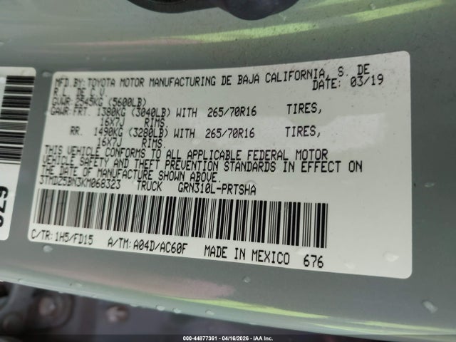 44877361 :رقم المزاد ، 3TMDZ5BN3KM068323 vin ، 2019 Toyota Tacoma Trd Off Road مزاد بيع
