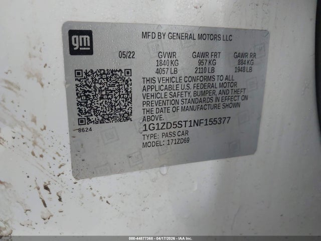 44877368 :رقم المزاد ، 1G1ZD5ST1NF155377 vin ، 2022 Chevrolet Malibu Fwd Lt مزاد بيع