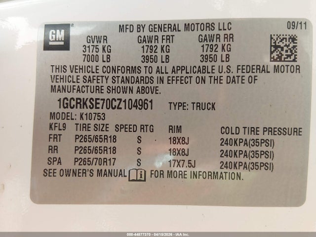 44877370 :رقم المزاد ، 1GCRKSE70CZ104961 vin ، 2012 Chevrolet Silverado 1500 Lt مزاد بيع