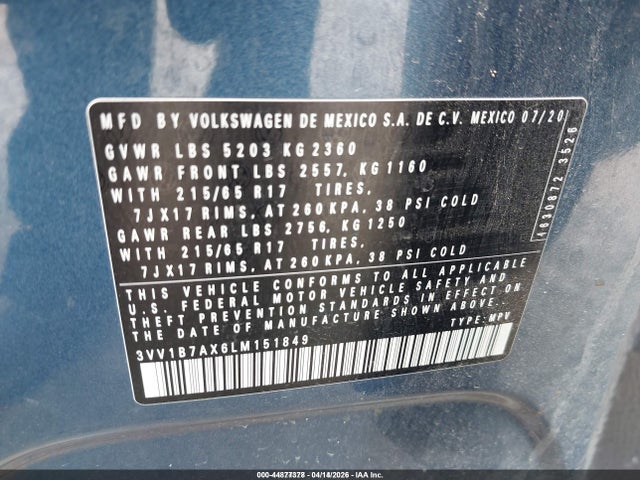 3VV1B7AX6LM151849 Volkswagen Tiguan 2.0t S