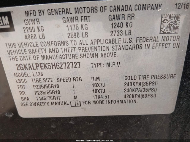 Aukcja sprzedaży 2017 Gmc Terrain Slt, vin: 2GKALPEK5H6272727, numer aukcji: 44877380