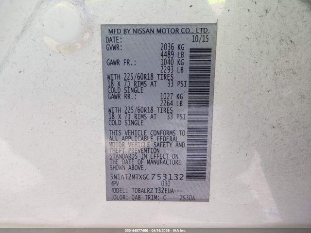 2016 Nissan Rogue Sl მანქანა იყიდება აუქციონზე, vin: 5N1AT2MTXGC753132, აუქციონის ნომერი: 44877400