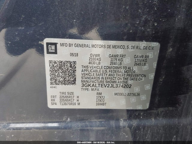 2018 Gmc Terrain Sle მანქანა იყიდება აუქციონზე, vin: 3GKALTEV2JL374202, აუქციონის ნომერი: 44877401
