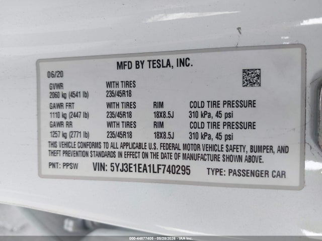 2020 Tesla Model 3 Standard Range Plus Rear-wheel Drive/standard Range Rear-wheel Drive მანქანა იყიდება აუქციონზე, vin: 5YJ3E1EA1LF740295, აუქციონის ნომერი: 44877405