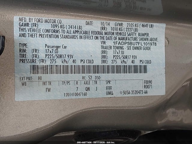 44877406 :رقم المزاد ، 1FADP5BU7FL101978 vin ، 2015 Ford C-max Hybrid Sel مزاد بيع
