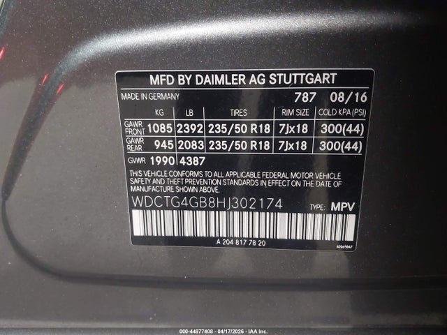 Aukcja sprzedaży 2017 Mercedes-benz Gla 250 4matic, vin: WDCTG4GB8HJ302174, numer aukcji: 44877408