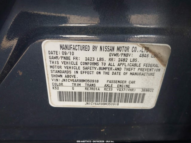 Продаж на аукціоні авто 2011 Infiniti G37x, vin: JN1CV6AR9BM350918, номер лоту: 44877413