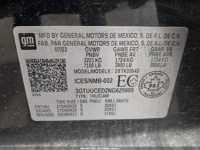 Aukcja sprzedaży 2022 Gmc Sierra 1500 Elevation, vin: 3GTUUCED2NG625988, numer aukcji: 44877424