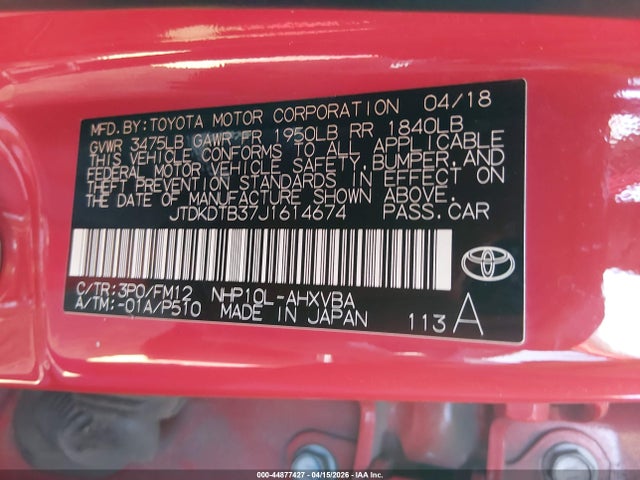 JTDKDTB37J1614674 Toyota Prius C Two