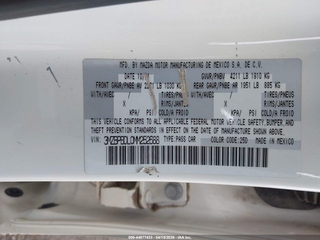 Продажа на аукционе авто 2021 Mazda Mazda3 Premium, vin: 3MZBPBDL0MM252688, номер лота: 44877433
