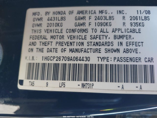 44877434 :رقم المزاد ، 1HGCP26709A064430 vin ، 2009 Honda Accord 2.4 Ex مزاد بيع