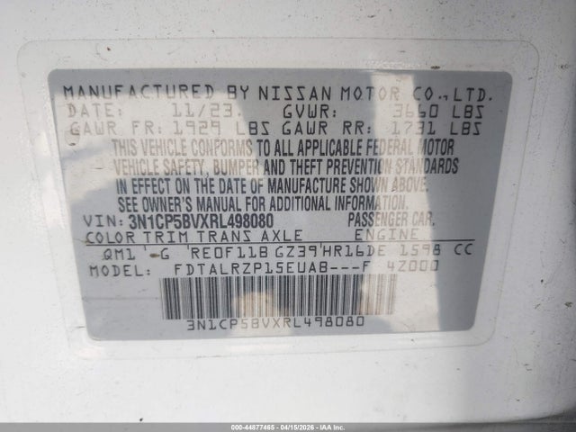 Продаж на аукціоні авто 2024 Nissan Kicks S Xtronic Cvt, vin: 3N1CP5BVXRL498080, номер лоту: 44877465