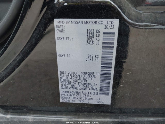 2024 Nissan Altima Sv Fwd მანქანა იყიდება აუქციონზე, vin: 1N4BL4DV8RN341813, აუქციონის ნომერი: 44877470