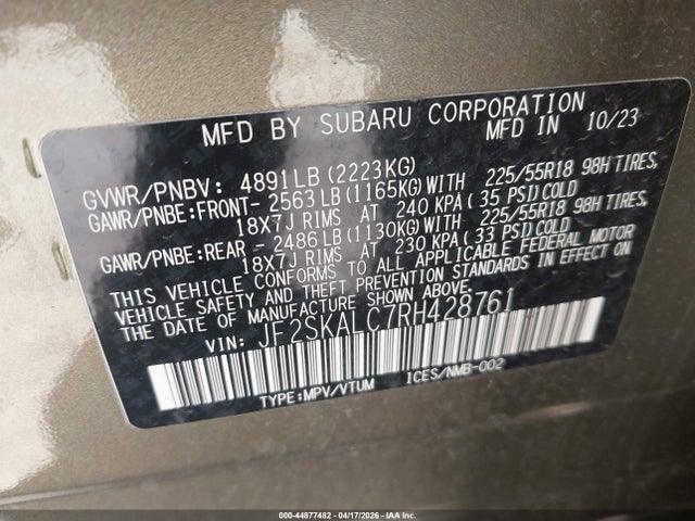 2024 Subaru Forester Limited მანქანა იყიდება აუქციონზე, vin: JF2SKALC7RH428761, აუქციონის ნომერი: 44877482