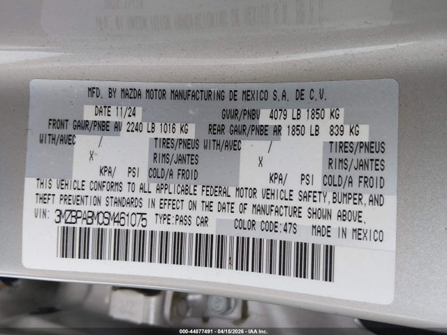 Продаж на аукціоні авто 2025 Mazda Mazda3 2.5 S Select Sport, vin: 3MZBPABM0SM461075, номер лоту: 44877491