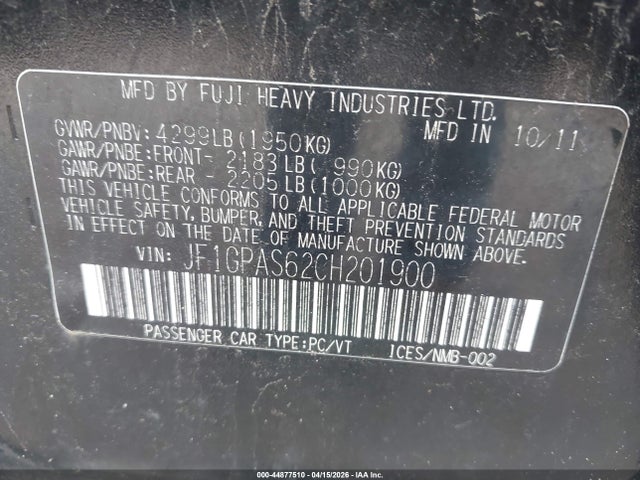 Aukcja sprzedaży 2012 Subaru Impreza 2.0i Sport Limited, vin: JF1GPAS62CH201900, numer aukcji: 44877510