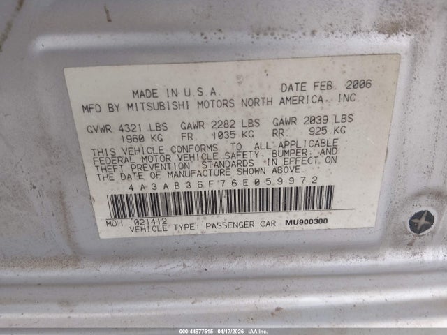 Aukcja sprzedaży 2006 Mitsubishi Galant Es/se, vin: 4A3AB36F76E059972, numer aukcji: 44877515