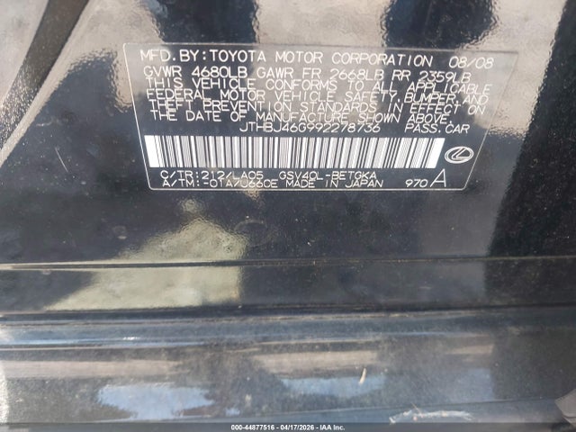 44877516 :رقم المزاد ، JTHBJ46G992278736 vin ، 2009 Lexus Es 350 مزاد بيع