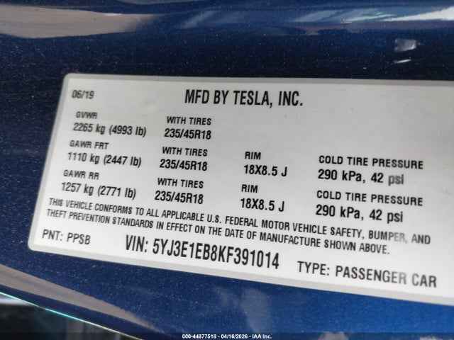 Aukcja sprzedaży 2019 Tesla Model 3 Long Range/performance, vin: 5YJ3E1EB8KF391014, numer aukcji: 44877518