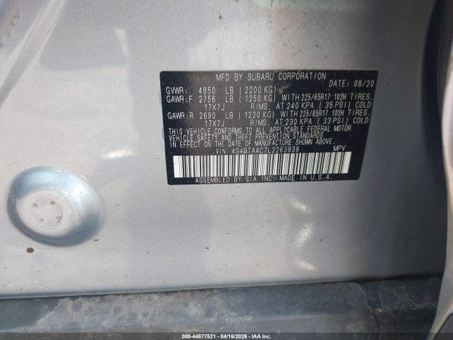 44877521 :رقم المزاد ، 4S4BTAAC7L3263938 vin ، 2020 Subaru Outback مزاد بيع