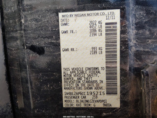 2012 Nissan Altima 3.5 Sr მანქანა იყიდება აუქციონზე, vin: 1N4BL2AP6CC195215, აუქციონის ნომერი: 44877532