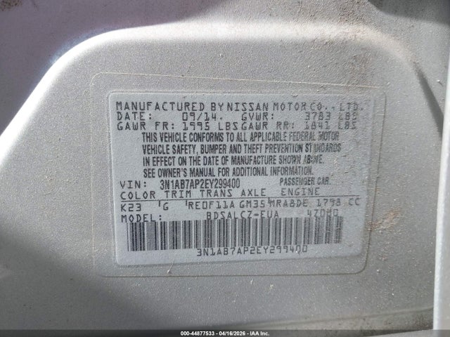 Продажа на аукционе авто 2014 Nissan Sentra Fe+ S, vin: 3N1AB7AP2EY299400, номер лота: 44877533