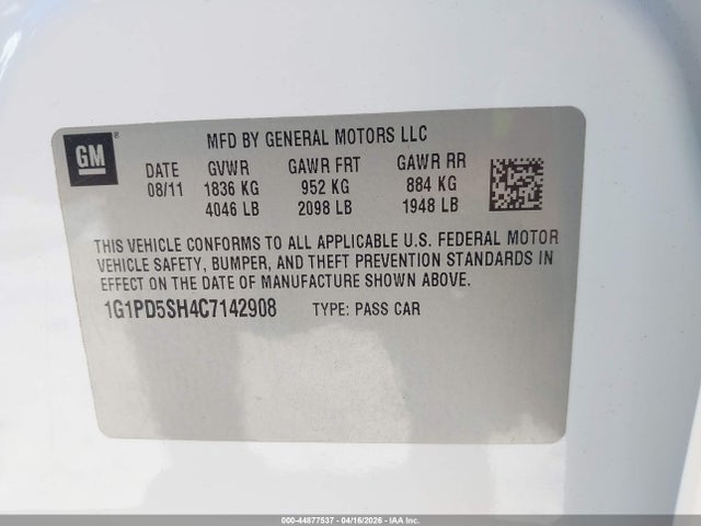 44877537 :رقم المزاد ، 1G1PD5SH4C7142908 vin ، 2012 Chevrolet Cruze Ls مزاد بيع