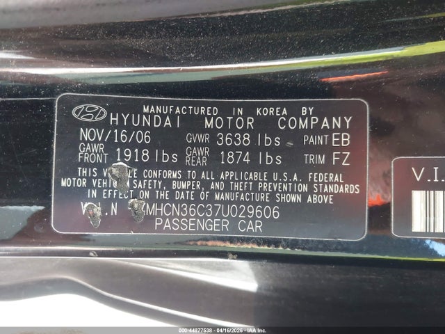 2007 Hyundai Accent Se მანქანა იყიდება აუქციონზე, vin: KMHCN36C37U029606, აუქციონის ნომერი: 44877538