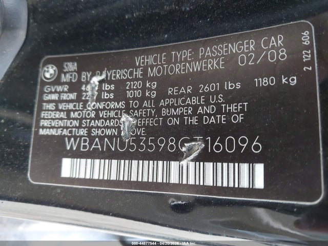 2008 Bmw 528i მანქანა იყიდება აუქციონზე, vin: WBANU53598CT16096, აუქციონის ნომერი: 44877544