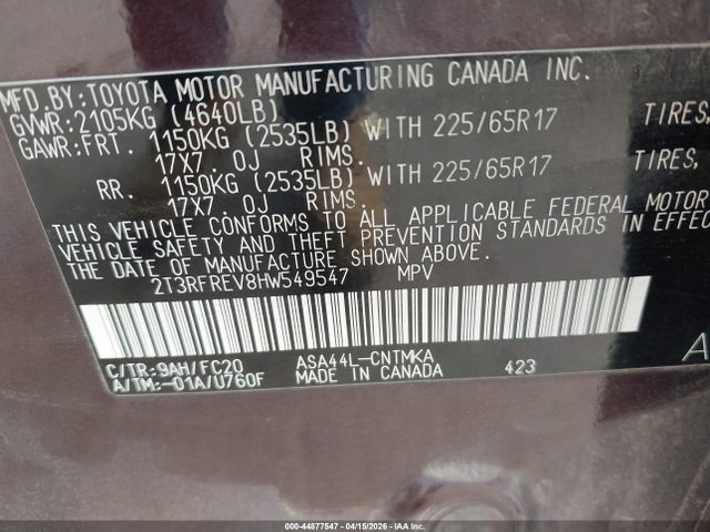 44877547 :رقم المزاد ، 2T3RFREV8HW549547 vin ، 2017 Toyota Rav4 Xle مزاد بيع