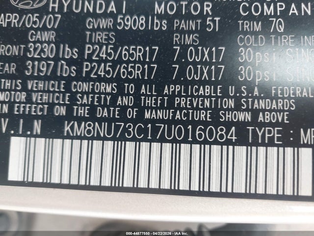 Продаж на аукціоні авто 2007 Hyundai Veracruz Gls/limited/se, vin: KM8NU73C17U016084, номер лоту: 44877550