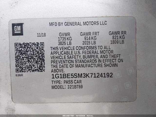 2019 Chevrolet Cruze Lt მანქანა იყიდება აუქციონზე, vin: 1G1BE5SM3K7124192, აუქციონის ნომერი: 44877581