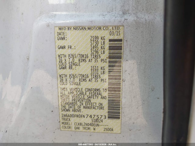 2015 Nissan Frontier Sv მანქანა იყიდება აუქციონზე, vin: 1N6AD0FR0FN747573, აუქციონის ნომერი: 44877583