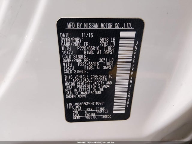 JN8AE2KP4H9166951 Nissan Quest Sv