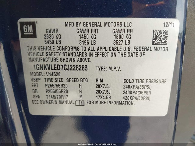 Aukcja sprzedaży 2012 Chevrolet Traverse Ltz, vin: 1GNKVLED7CJ228283, numer aukcji: 44877643